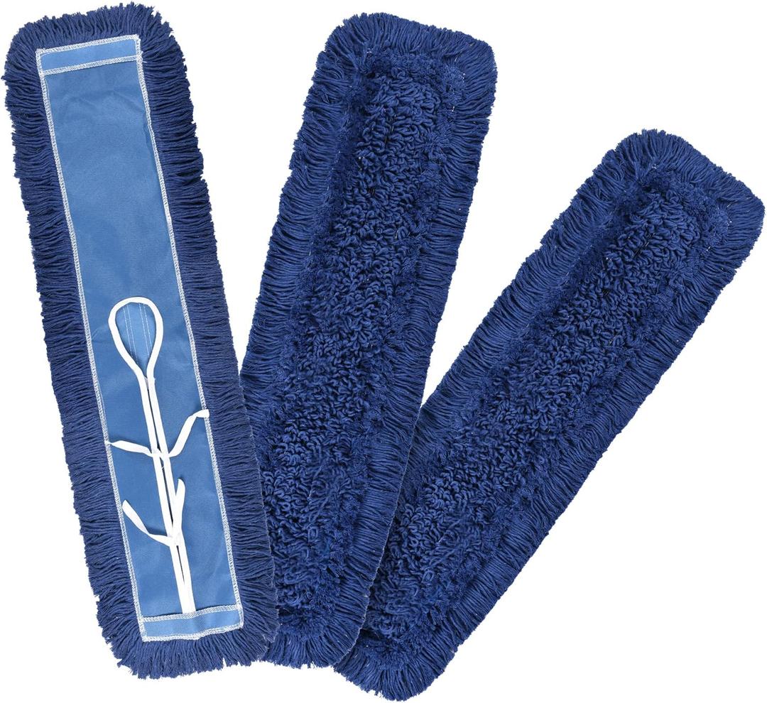 Matthew Cleaning 24'' Industrial Strength Cotton Dust Mop Refill Washable Replacement Heads for Residential & Commercial Use Fit Standard Dust Mop Frames, Hardwood, Laminate, Concrete Floors 3 Pack (Blue)