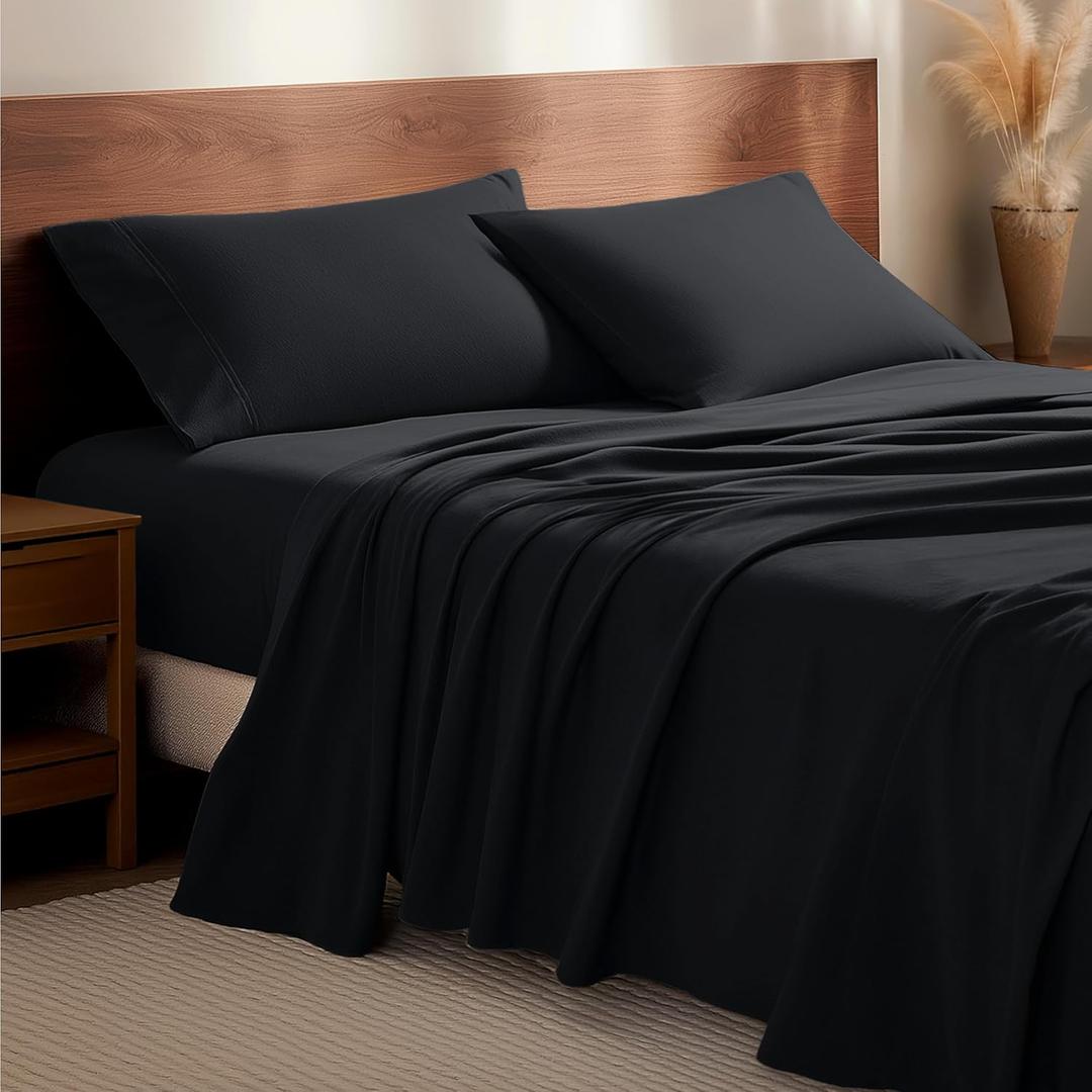 Bare Home Flannel Sheet Set 100% Cotton, Velvety Soft Heavyweight - Double Brushed Flannel - Deep Pocket (King, Black)