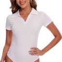 SHAPERIN Women Long Sleeve Bodysuit V Neck Polo T-shirt Basic Top Collared Body Suit Jumpsuit (White, M)