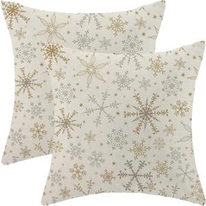 GOLIANDA Christmas Pillow Covers 16x16 Set of 2, Linen Pillowcase With Winter Snowflake Decoration, Throw Pillows for Holiday Decor, Outdoor Cushion Covers for Couch, Home (Snowflakae)