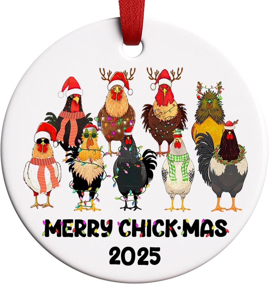 9 x Chicken Christmas Ornament, Merry Chick-Mas 2025 Funny Chickens Ornament, Chicken Lover Gifts for Women, Farmhouse Coop Decor, Rooster Hen Ceramic Christmas Tree Decoration