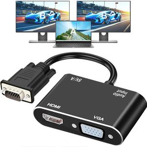 VGA to HDMI+VGA Adapter for Dual Monitors, VGA to HDMI Adapter Splitter 2 in 1,1080P@60HZ Full HD Display Video Converter for PC Laptop Link Monitor/HDTV/Projector, Fully Plug & Play