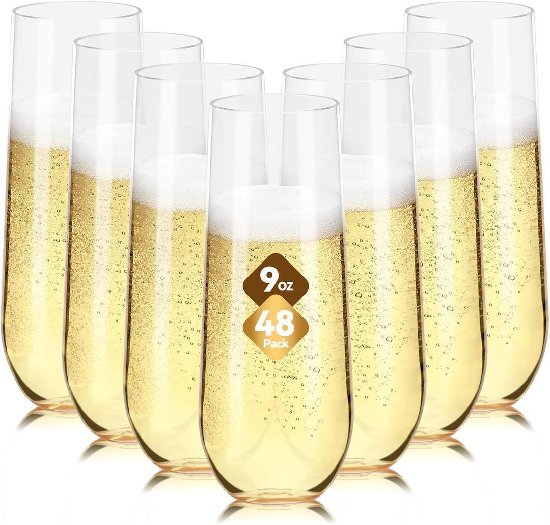 Showgeous 48 Pack 9oz Stemless Champagne Flutes Plastic Champagne Glasses