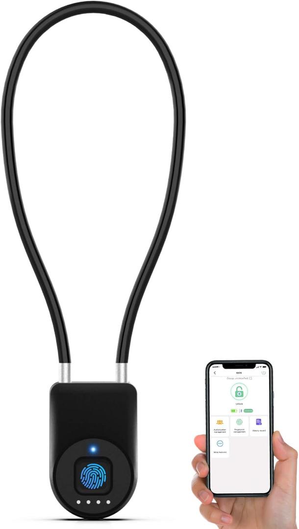 Fingerprint Cable Lock, Anweller 14" Long Shackle Small Padlock, Keyless Entry Biometric Bluetooth Smart Waterproof Combination Pad Lock for Gate Outdoor Fence Fridge Cabinet Locker Pool Bike - Black (Back)