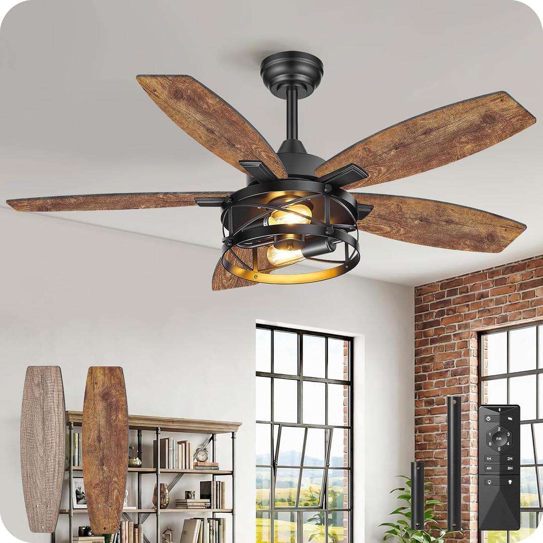 42 Inch Farmhouse Ceiling Fan with Lights and Remote, Timer, Dual Finish 5 Blades (Rustic Brown and Oak), 6 Speeds, Reversible DC Motor, Rustic Brown Caged Ceiling Fan for Bedroom FB04CF4205