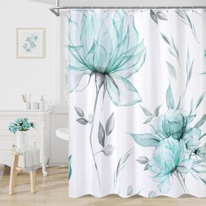 Teal Blue and Grey Boho Watercolor Floral Shower Curtain, Ink Painting Style Blossom & Leaf Shower Curtains for Chic Elegant Bathroom, Artistic Fabric Cloth Flower Shower Curtain, 72x72