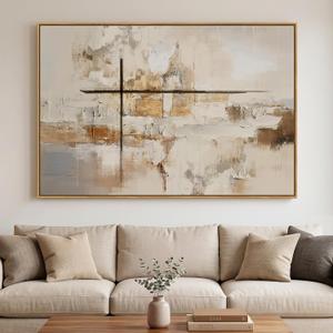Extra Large Framed Neutral Beige Abstract Wall Art, Horizontal 60x40 In