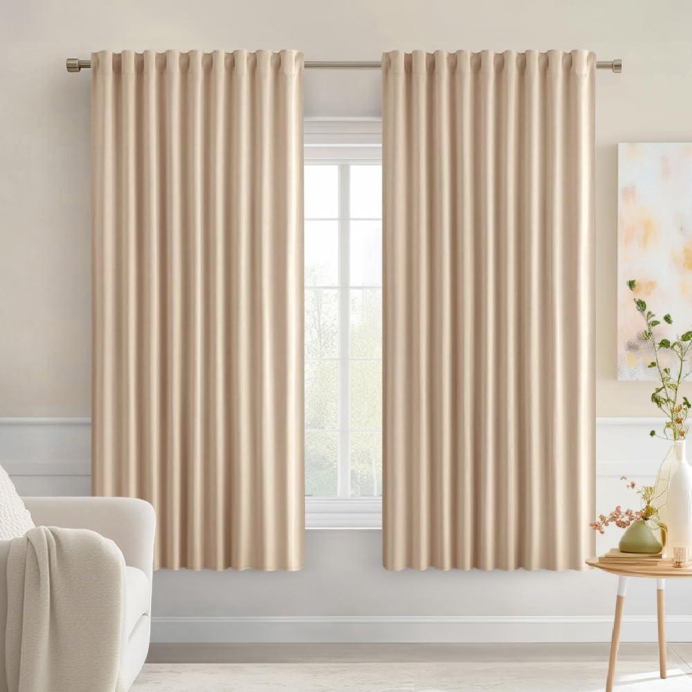 MIULEE Beige Back Tab Blackout Curtains 54 Inches Long 2 Panels Set for Living Room Bedroom Privacy, Rod Pocket/Pinch Pleat Thermal Insulated Room Darkening Pleated Light Blocking Drapes