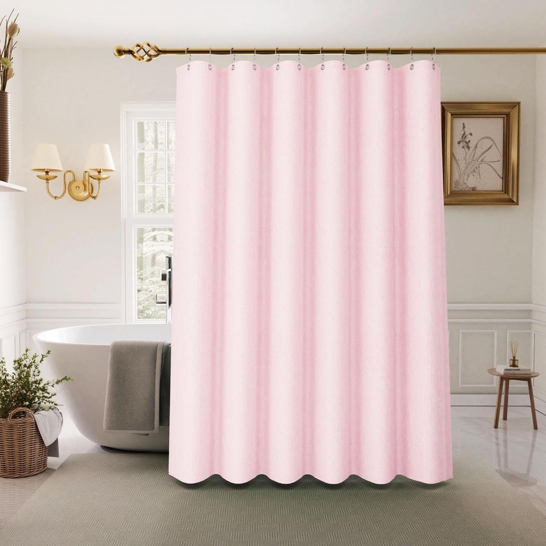 Inhousolu Boho Farmhouse Shower Curtain with Fabric Liner Set, Faux Linen Textured, 14 Metal Hooks Luxury Weighted Hem, Washable Wrinkle Free Bath Curtain for Hotel Bathroom 72" W x 84" L Pink