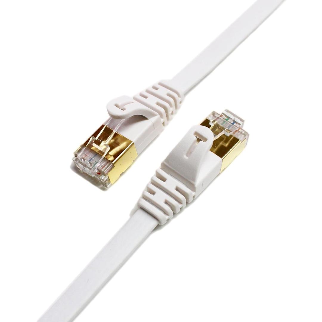 75FT - CAT7 10 Gigabit Ethernet Ultra Flat Patch Cable for Modem Router LAN Network, Gold Plated Shielded RJ45 Connectors, Faster Than CAT6a CAT6 CAT5e, White (75 FT, White - Flat)
