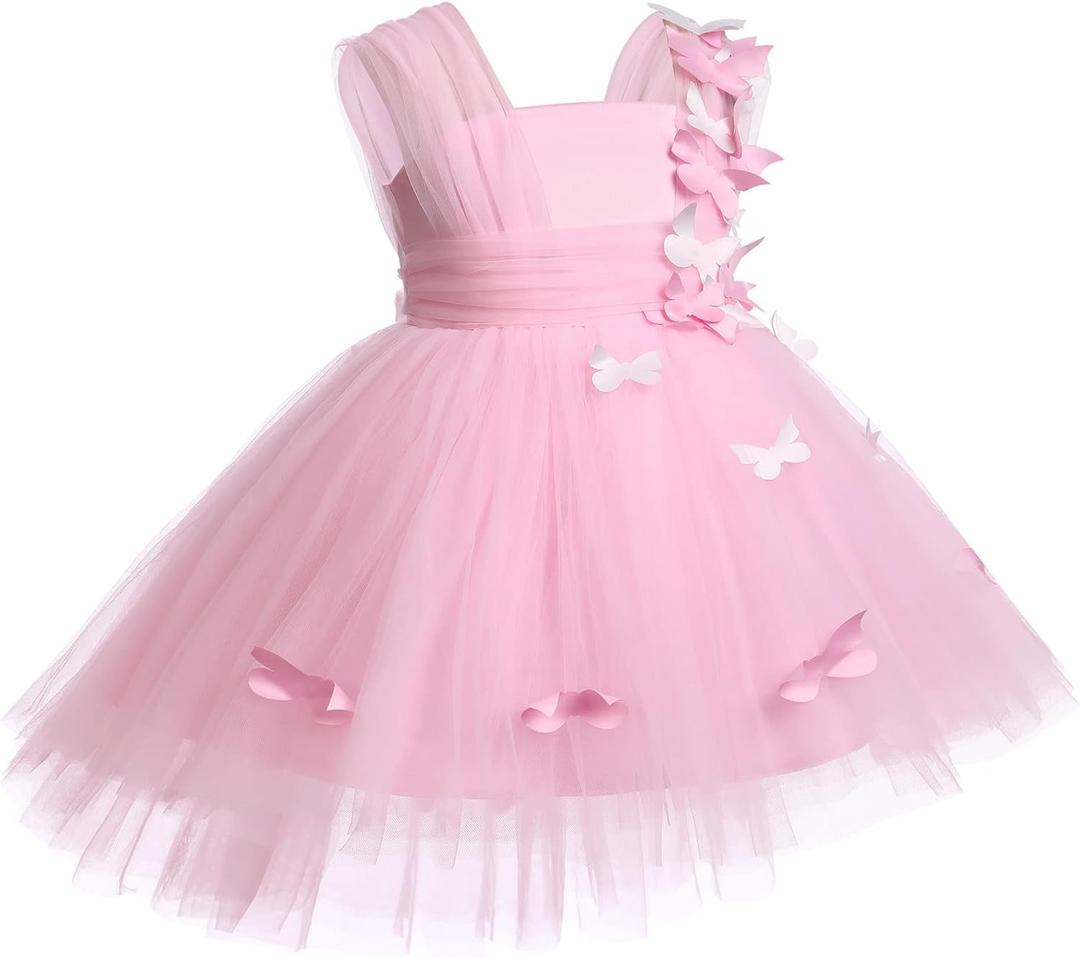 Toddler Baby Flower Girls Sequins Bowknot High Low Tutu Dress Petal Lace Princess Pageant Wedding Birthday Party Formal Gown (12-18 Months, Pink Butterfly)
