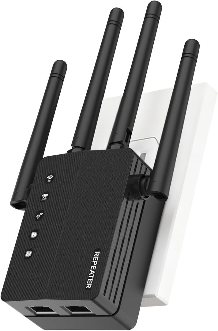 WiFi Extender Signal Booster, Dual Band 2.4/5.8G WiFi Extender  1200Mbps, 12880 Sq Ft Coverage, 105 Devices & 1-Tap Setup for Home Use (Black-U9)