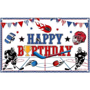 72x43inch Fabric Ice Hockey Happy Birthday Backdrop Helmets Sport Rink Theme Photography Background Kids Boys Game Party Decorations Photo Banner Props