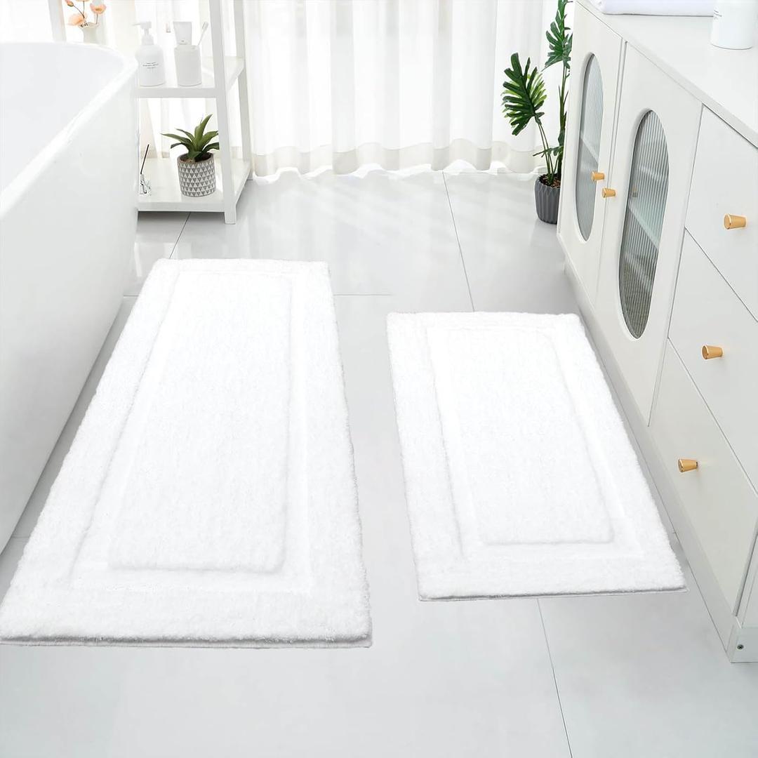 SHACOS White Bathroom Rugs Sets 2 Piece 32x20 + 47x20 inch, Non Slip Bath Mat Microfiber Washable Bathroom Rugs, Soft Fluffy Water Absorbent Bath Mat Set of 2