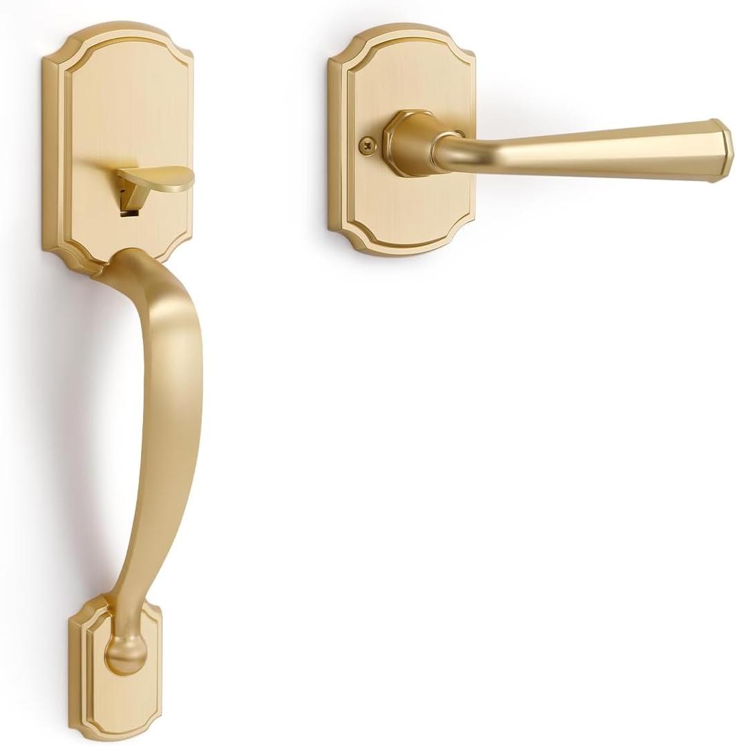 1 Pack Gold Front Door Handles Reversible Lever Entry No Lock Handleset Brushed Brass Entry Way Door Handle