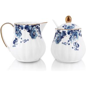 Ceramic Sugar and Creamer Set, 3 Piece with Cream Pitcher, Sugar Bowl with Lid and Spoon,Coffee and Tea Serving Set (White with blue flower)