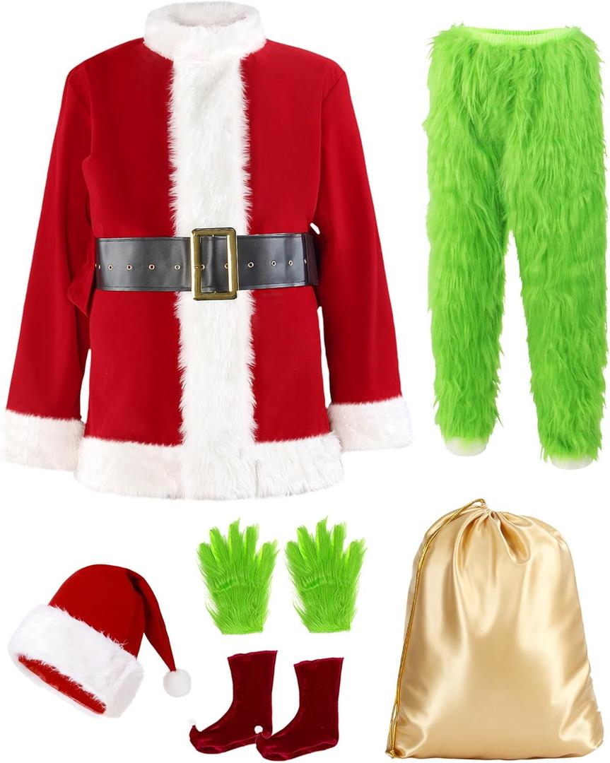 Buheco Christmas Costume for Men 7PCS Deluxe Adult Santa Outfit Suit Furry Professional Xmas Halloween Monster Cosplay Adults (Red), X-Large