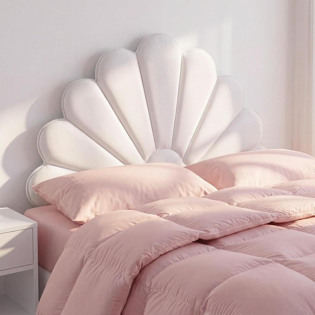Sliner Scalloped Velvet Headboard Cushion Creamy White Seashell Upholstered Headboard Cushion Queen Size Upholstered Platform Bed Coastal Decor for Teen Girls Bedroom, 59"L x 1"W x 39"H
