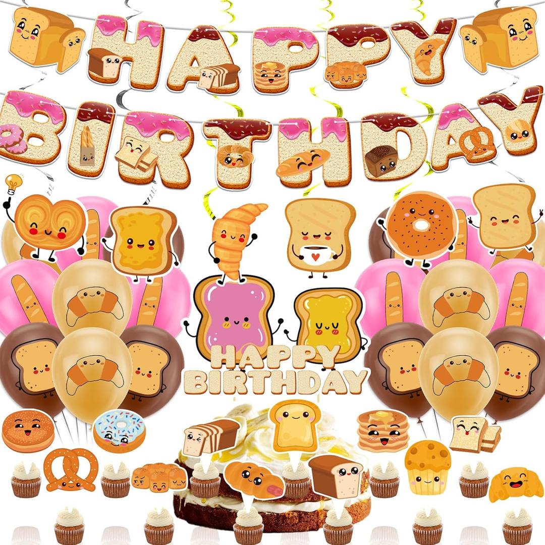 Bread Party Decortions Toast Bread Birthday Party Supplies With Banner Hanging Swirls Cake Topper Cupcake Toppers Balloons for Bread Birthday Party Home Decor