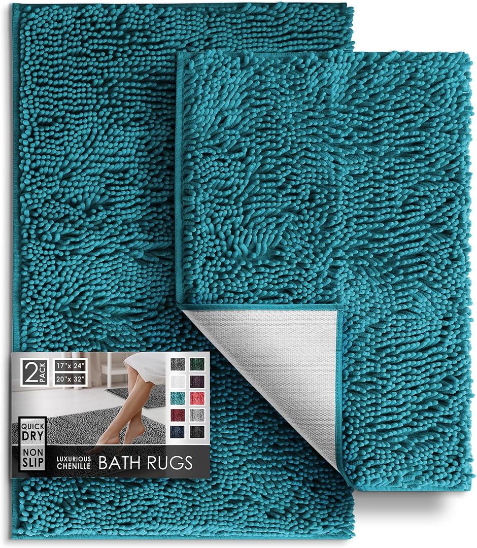 Hearth & Harbor Bathroom Rugs, Chenille Bath Mat - Machine Washable Bath Mats for Bathroom Non-Slip Backing Rubber, Quick Dry Bathroom Mat (Teal)