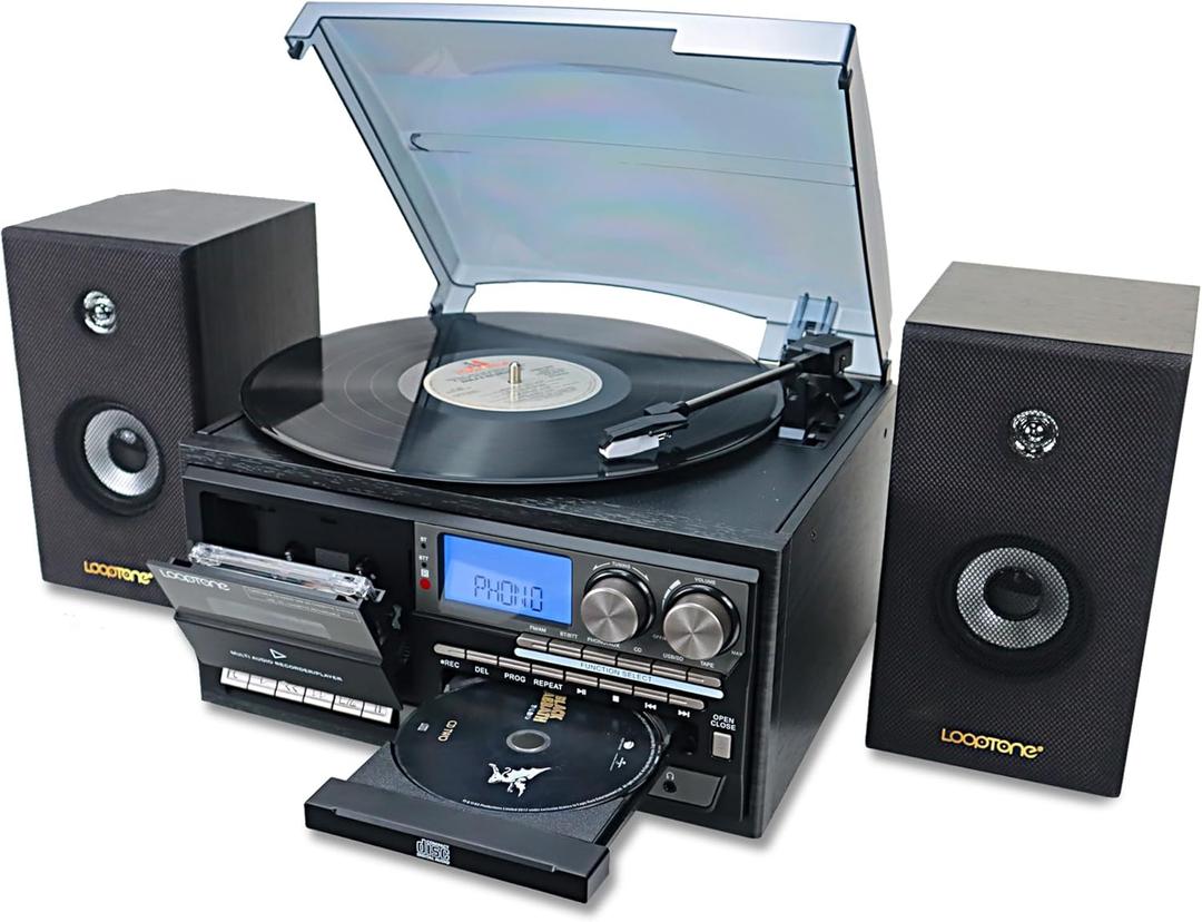LoopTone Vinyl Record Player with Dual 15W External Speakers 10 in 1 3 Speed Bluetooth Vintage Turntable CD Cassette Player AM/FM Radio USB Recorder Aux-in RCA Line-Out (Black)