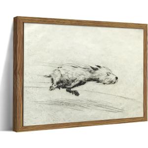Framed Dog with Zoomies Canvas Wall Art, Vintage Dog Flight Poster Print, Sketch Running Little Pictures Decor, Black and White Silly Wall Decor for Living Room Bedroom 16x24 inch