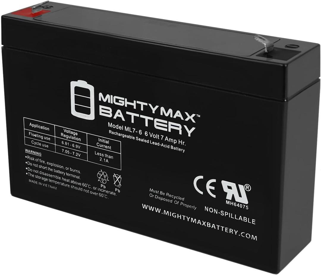 Mighty Max Battery ML7-6 - 6 Volt 7 AH, F1 Terminal, Rechargeable SLA AGM Battery, Mighy Max Product