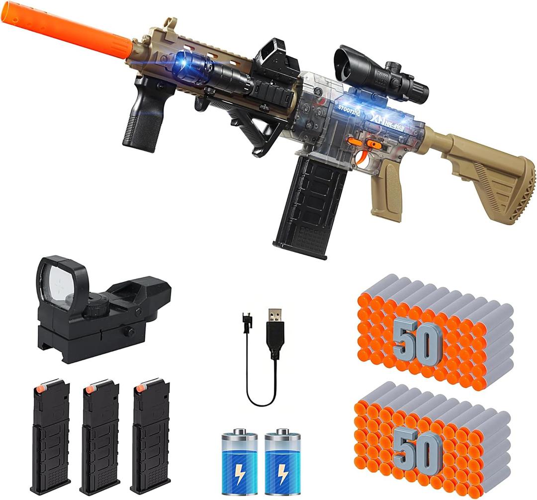 Electric Soft Bullet Toy Gun - Automatic Sniper Foam Blaster, Shooting Game Burst Toy Rifle with LED, Scope, Sight, Flashlight, 3 Magazines & 100 Soft Bullets, Ideal Christmas Birthday Gift