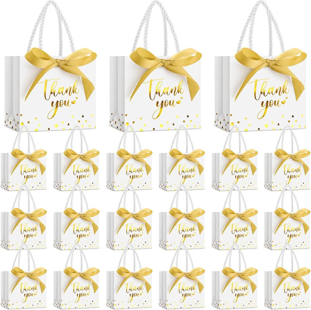 Jetec 45 Pcs Small Thank You Gift Bag Bulk 5.5x4.7x2.5'' Mini Paper Favor Bag with Handle Ribbon for Graduation Mother's Day Baby Shower Wedding Anniversary Birthday Party(White/gold)