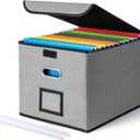 CADONO File Organizer Box with Lid, Large Hanging File Folder Organizer with Plastic Slide, Collapsible Portable Filing Storage Boxes for Office/Decor/Home (Grey, 14.9 x 12.59 x 10.8 inch)