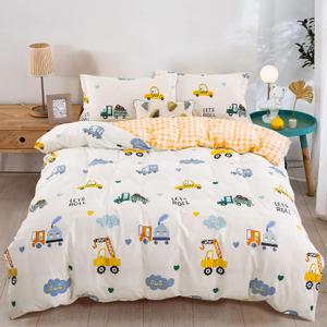 DJY Kids Duvet Cover Set Full Size, Cotton Cartoon Car Truck Bedding Set for Boys Girls, 3 Pieces Soft Breathable White Yellow Plaid Reversible Comforter Cover Set (1 Duvet Cover+2 Pillowcases)