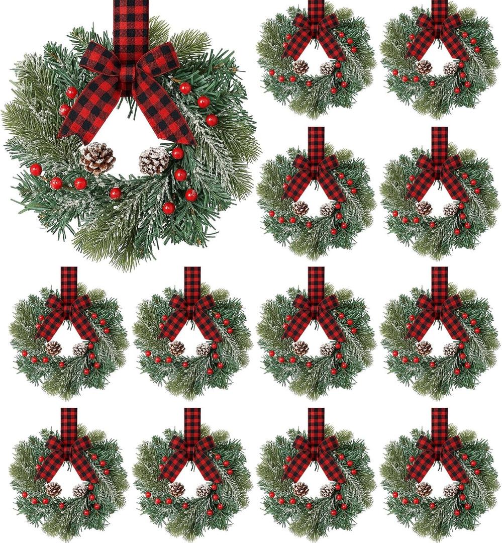 Jexine 12 Pieces Mini Christmas Wreaths for Kitchen Cabinet Small Christmas Candle Rings Wreaths Pillars Candle Rings Table Centerpieces Hanging Garlands for Front Door Window Decor (No Red Ribbon)