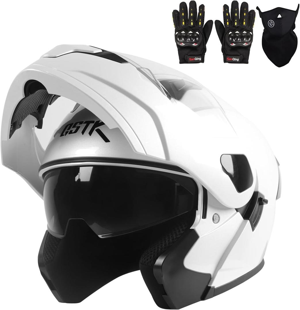 Motorcycle Full Face Helmet Adult Dirt Bike Helmets ATV Motocross Men Women Off-Road Mountain Bike Helmet DOT Approved Street Bike Helmet with Gloves & Mask (Medium, White)