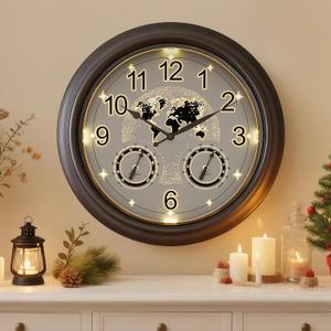 Illuminated Large Indoor Outdoor Clock,18 Inch Smart Night Light Sensor Star World Map Outdoor Clocks Waterproof,Outdoor Wall Clock with Thermometer & Hygrometer for Patio, Garden, Pool (Oil Rubbed Bronze)