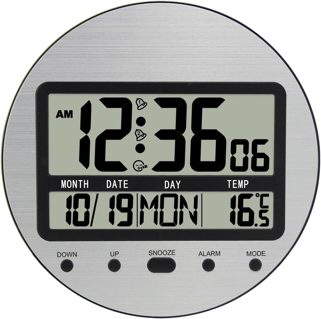 Digital Wall Clock Battery Operated, Large Display with Temperature, Date, Day of The Week, Seconds, Round Wall Mount Digital Clock - Aluminum Metal Dial (Silver)