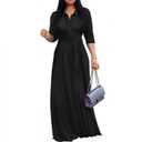 MarryUP Maxi Dresses for Women Casual V Neck 3/4 Sleeve Long Church Dress Semi Formal Outfits with Pockets (Black, Medium