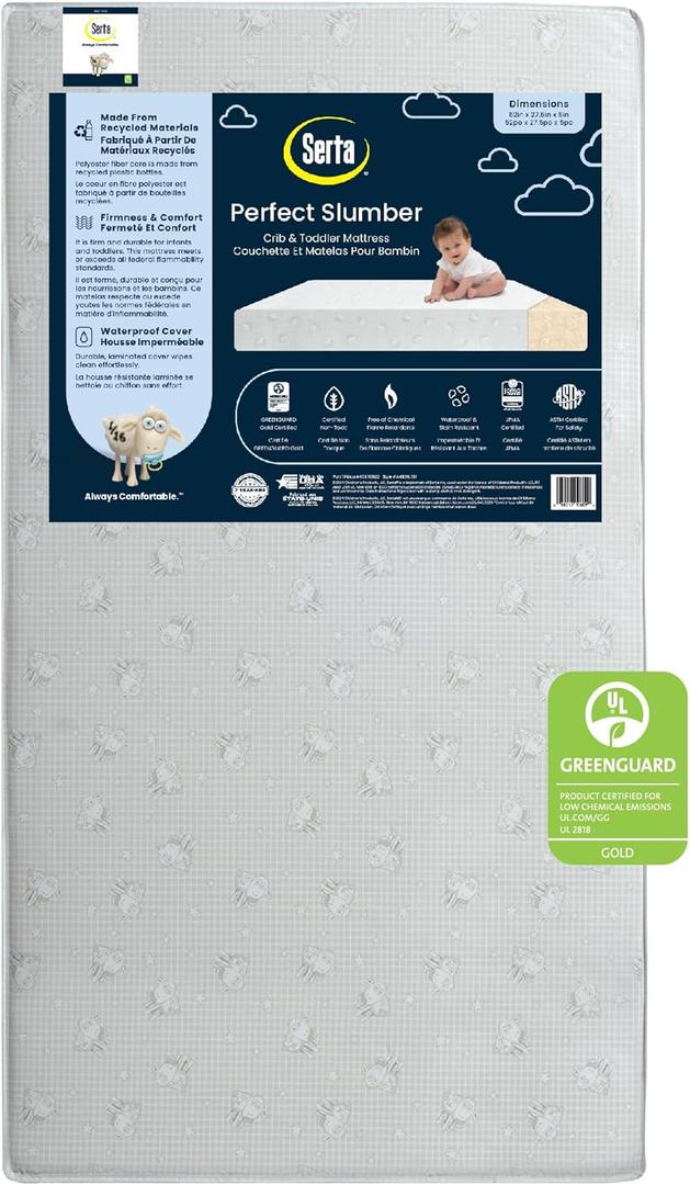 Serta Perfect Slumber Dual Sided Crib and Toddler Mattress - Waterproof - Hypoallergenic - Premium Sustainably Sourced Fiber Core -GREENGUARD Gold Certified (Non-Toxic) - (Mattress Only)