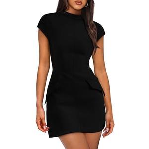 OFEEFAN Womens Summer Dress Mock Neck Short Sleeve Bodycon Party Club Mini Dresses M