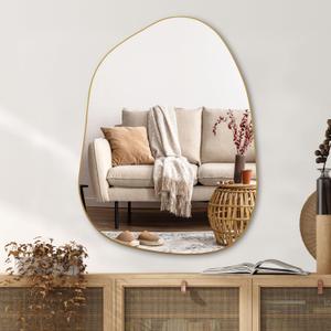 PERFNIQUE Irregular Wall Mirror Asymmetrical Mirror, 32''x24'' Golden Wood Framed Mirror for Bathroom Bedroom Living Room Entryway, Decorative Modern Wall Decor, Wall Mouted(Gold, 32''x24'') (32"L x 24"W)