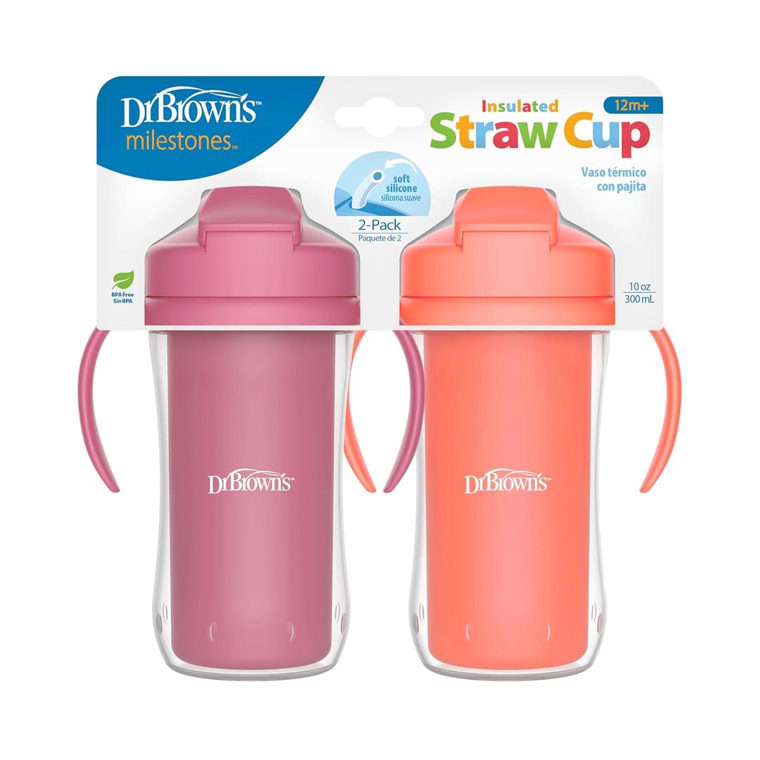 Dr. Brown's Milestones Insulated Sippy Cup with Straw and Handles, Spill-Proof Tumbler with Lid, Pink/Coral, 10 oz/300 mL, BPA-Free, 12m+, 2-Pack
