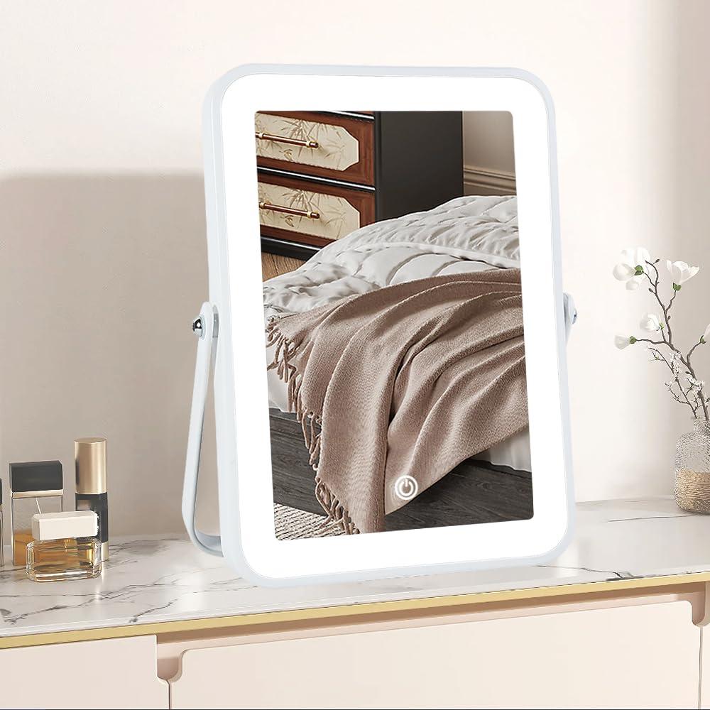 Rechargeable Vanity Mirror with Lights,Desk Makeup Mirror with Lights,Portable Travel for Makeup Desk  Dressing Room,3 Color Lighting, Dimmable Touch Screen (10"L x 7"W, White)