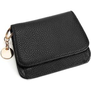 Mudono Small Wallet for Women RFID Blocking Genuine Leather Card Case Slim Tri-Fold Wallet with Zipper Pocket and Keychain (Black)