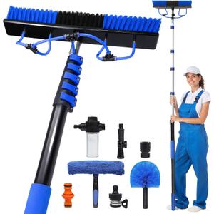 30FT Reach Solar Panel Cleaning Kit with 5-24FT Extendable Water Fed Pole, 20" Solar Panel Brush, Window Squeegee, Cobweb Duster & Soap Dispenser Solar Panel Washing Kit for PV, Ceilings & Gutters