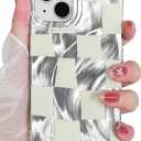 Compact for iPhone 15 Case Shiny Silver Larger Checkered Design Phone Case, Cute Trendy Soft Slim TPU Shockproof Protective Cover for Women Girls Aesthetic Glitter, White