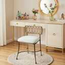 Golden Bronze Low Back Vanity Stool Soft Linen Upholstery, Iron Frame, Padded Cushion Bathroom & Bedroom Accent Chair