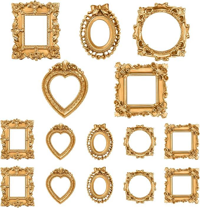 Vicenpal 16 Pcs Vintage Mini Picture Frames Baroque Antique Small Resin Jewelry Display Table Frame for Christmas DIY Photo Holiday Party Decoration (Gold)