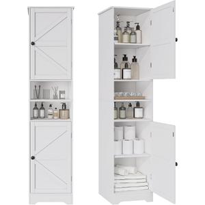Viaozutis Tall Bathroom Storage Cabinet, Slim Freestanding Cabinet with Adjustable Shelves, Vertical Storage Organizer for Small Bathrooms, Toilet Paper & Daily Essentials Storage（White）