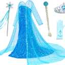 Luxury Princess Dress Costumes with Shining Long Cape Girls Birthday Party (3-4 Years, Blue-1)