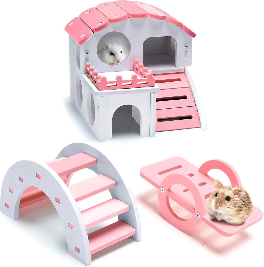3 Pieces Fun Hamster Guinea Pig Hideout Kit Include PVC Hamster House, Rainbow Bridge, Seesaw DIY Exercise Playhouse for Rats Mouse Small Animals (Small, Pink)