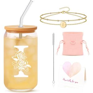 Holiday Gift for Sister or Bestie  Gift Set with Initial Glass Cup and Bracelet Thoughtful Present for Appreciation or Christmas